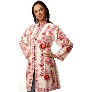 Soft Pink Long Jacket with All Over Crewel Embroidered Flowers   Pure 