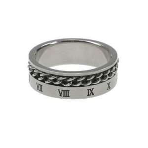   Steel Ring with Chain and Roman Numerals, Width 8mm, Sizes 9.0 12.0