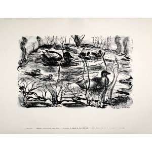 1954 Lithograph Aileen Trump Modern Art Pond Ducks Wildlife Nathan W 