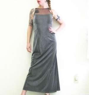 Long Slinky Stretch Silver Black Metallic Dress sz 6 M  