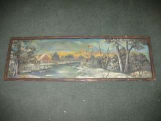 LARGE VINTAGE OIL PAINTING MOUNTAIN SNOW SCENE COTTAGE ALONG RIVER 