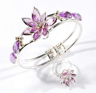 vogue purple cuff bracelet+finger ring set crystal opal  