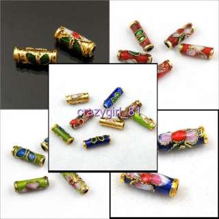Tube Spacer Bead Cloisonne Enamel Red/Green/Blue/Gold&Mixed 12Pc R117 