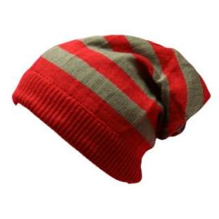  Red & Grey Striped Slouch Knit Beanie Hat & Neck Warmer Clothing