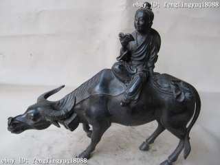 Chinese Pure bronze Shepherd Boy ride on Cattle Bull  