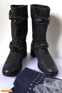 VERA WANG LAVENDER Uma Bejeweled Strap Boot Black Calf Leather Shoe Sz 