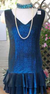 Vintage 80s Blue Metallic 1920 Look Flapper Costume Dress w/Headband 