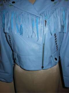 NWT Double D Ranch Beaded Fringed Western Leather Jacket Lt Blue M $ 