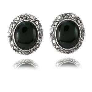  Sterling Silver Marcasite and Onyx Oval Button Earrings Jewelry