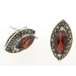   Silver Earrings with Marcasite and Marquise Garnet Stone Jewelry