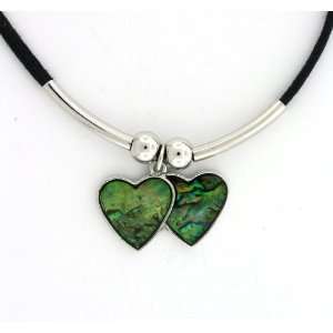  Green Paua Shell Stone Double Heart Pendant Necklace 
