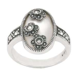  Sterling Silver Marcasite Flower Overlay Mother Of Pearl Ring 
