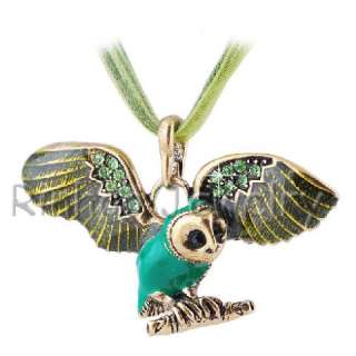 6p Owl Enamel&Rhinestone Golden Vtg Pendants+Silk Cords  