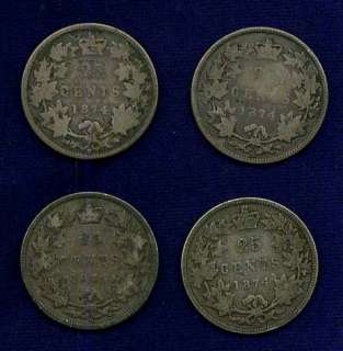 CANADA VICTORIA 1874 H 25 CENTS COINS, LOT OF (4)  