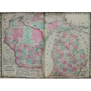  Johnson Map of Wisconsin and Michigan (1863) Office 