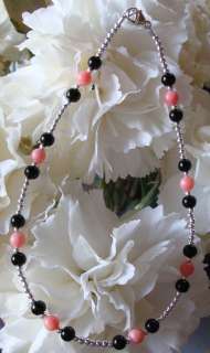 Black Onyx & Salmon Pink Coral Silver Ankle Bracelet  