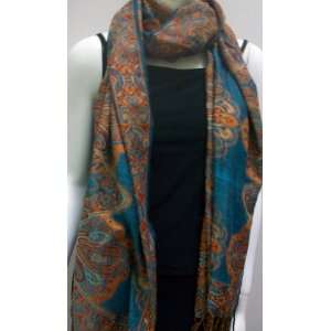 Pashmina Style Blue and Orange Scarf, Neck Wear, Wrap, Hand Woven 
