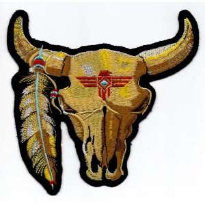  6 Longhorn Ox Head w feather logo Embroidered Iron On 