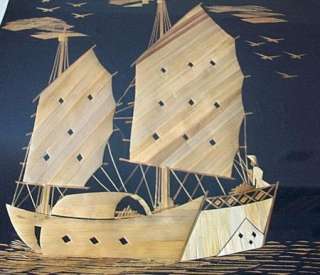 Oriental Asian Sail Boat at Sea Picture Wood Framed  