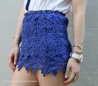 BLUE FLORAL CROCHETED LACE TUBE MINI PENCIL HIGH WAISTED SCALLOPED 
