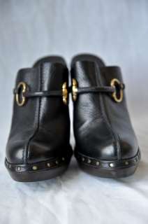 GUCCI Black LEATHER+Brown Gold HORSEBIT CLOG Platform Heel Sandal 