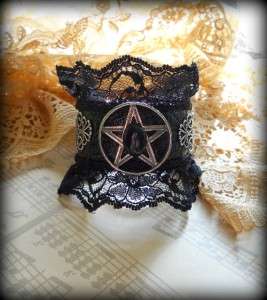 Victorian Goth Black Lace Pentacle Cuff Bracelet wicca  