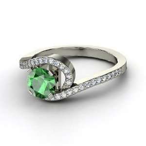  Wave Ring, Round Emerald 14K White Gold Ring with Diamond 