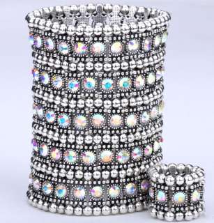 Clear AB crystal stretch bracelet ring set 5 row A1  