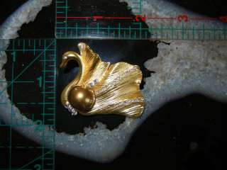 Gold Plated Swan Brooch w Swarovski Crystal Shell Pearl  