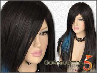 GW172 Black Mixed Blue Punk Straight Long Gothic Wig  