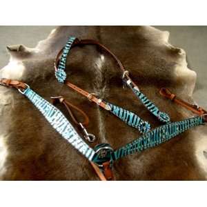  WESTERN LEATHER HEADSTALL SET BLUE ZEBRA HAIRON WITH BLING Everything