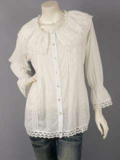 Off White Ruffle Collar Lace Trim Blouse Top M  