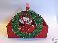 Vintage Wood Christmas Basket Goodies Wreath Bells Red  