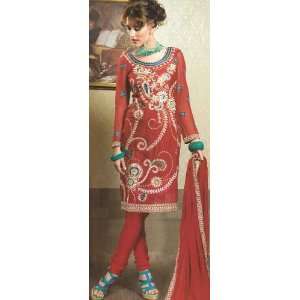  Red Wedding Choodidaar Suit with All Over Embroidery and 