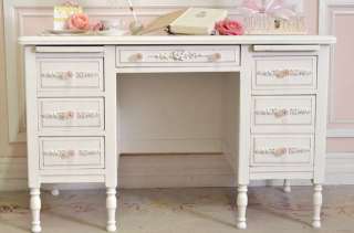 8500   Shabby White Rose 6 Drawer Desk with Rose Appliques