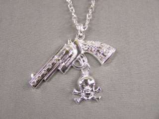 Silver crystal gun pistol 9mm pendant long necklace NEW  