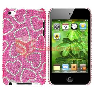 Pink w/ White Heart Bling Hard Case Cover+Privacy Film For iPod touch 