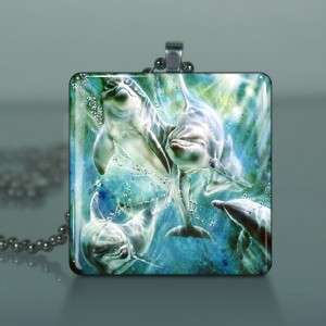 Lots of Dolphins Large Glass Tile Necklace Pendant A27  