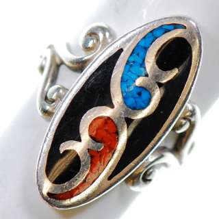Vintage Sterling Silver   Crushed Turquoise Red Lapis   Ring 6 XB172 