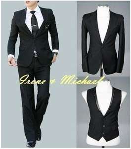 Mens Slim Wedding Formal party Suit Black 007 3pcs US  