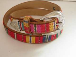 Vtg Mexican Hand Woven Tapestry Leather Belt size M Silver Buckle 