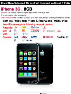 Apple iPhone 3G   8GB   Black (Unlocked) Smartphone 717122200026 