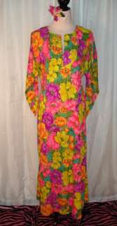 Vintage 60s Retro Day Glow Hippie Hawaiian Pake Muu Maxi Luau Gown 
