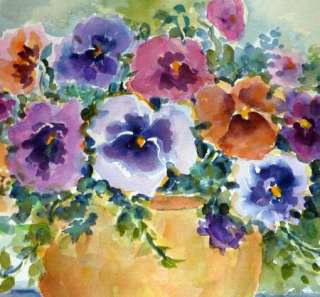 Original signed Watercolor Painting   Pansies in a Yellow Bowl  