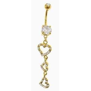 Crystal Clear cz 3 Open Heart Dangle Gold Plated Belly button Navel 