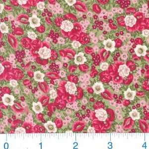  45 Wide Unfolding Beauty Flowers Red/Sage Fabric By The 