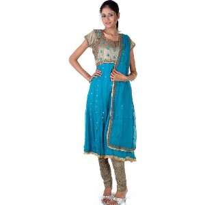  Turquoise and Khaki Anarkali Choodidaar Suit Beaded at 