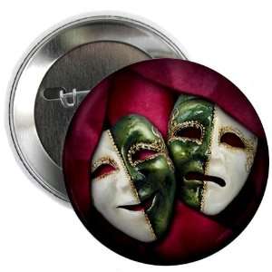 COMEDY TRAGEDY Green White Drama Masks on Red 2.25 inch Pinback Button 