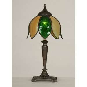  Antique Green & Beige Slag Glass Table Lamp, c.1925