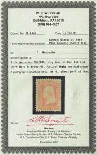 US stamp#64 3c PINK 1861 2 MNH/OG+Certificate $14,000  